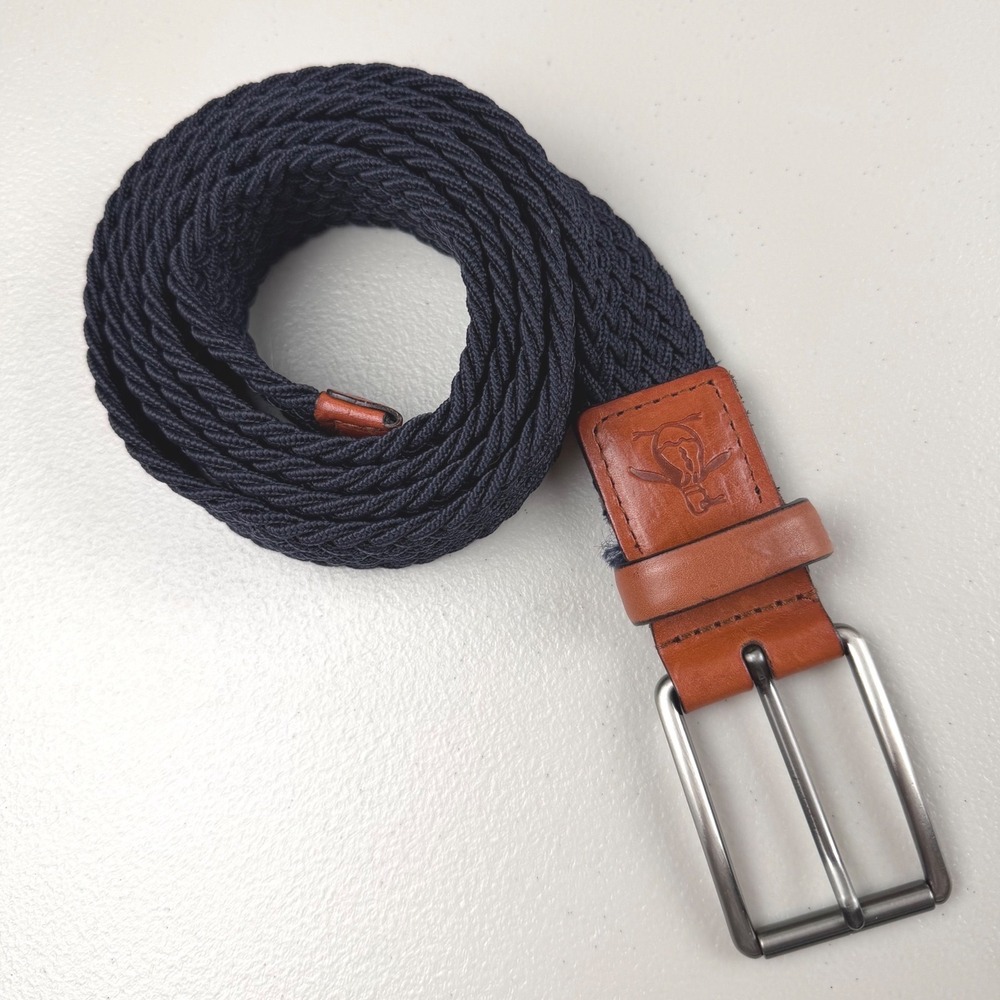 Original Penguin Mens Braided Elastic Belt Navy Blue Brown Leather HN86100 30-32